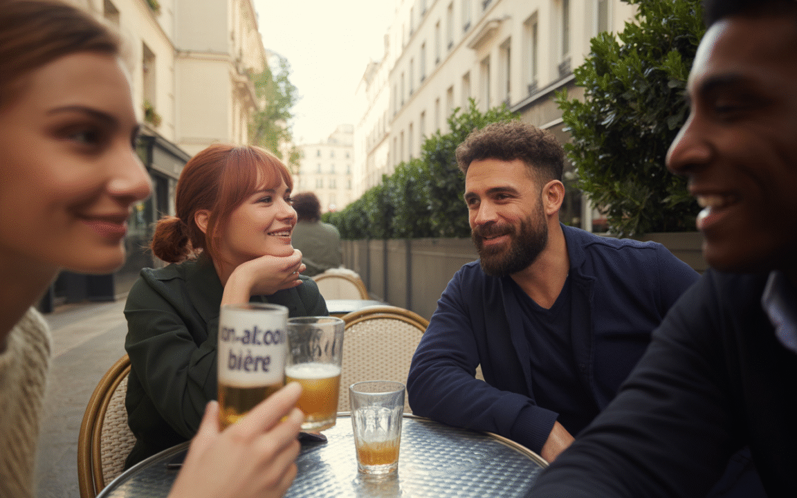 Quatre amis sourient et discutent autour d'une table en extérieur, avec des verres de bière sur la table, dans une rue animée.