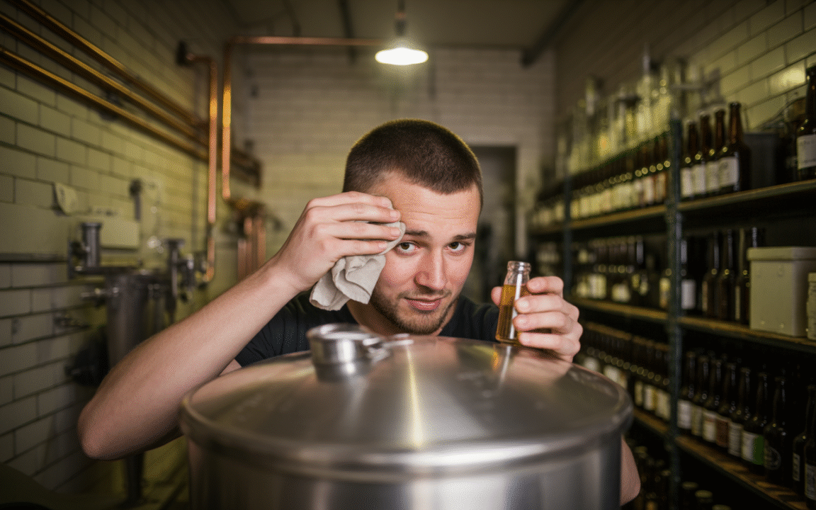 Un homme essuie son front dans une brasserie, tenant un flacon d'échantillon. En arrière-plan, des bouteilles sont visibles.