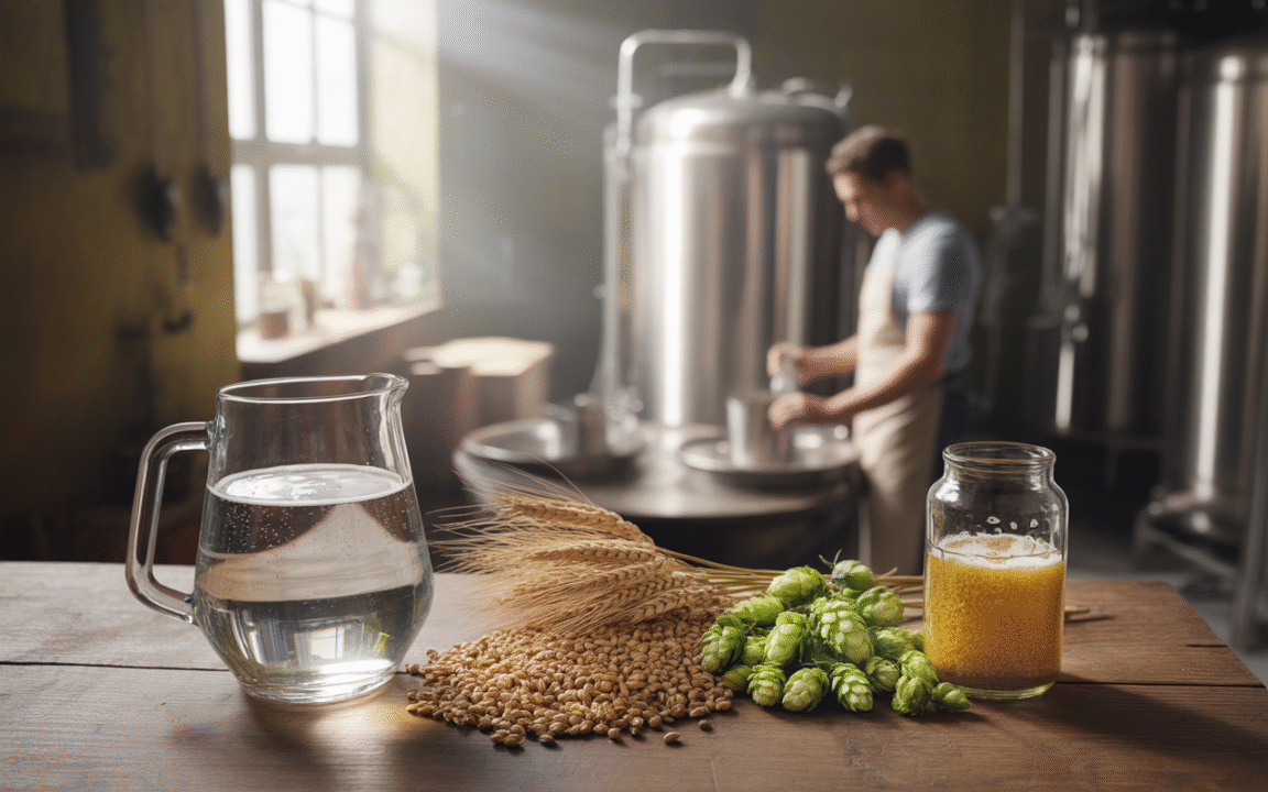 Un pichet d'eau, du grain, du houblon et de la bière, avec un brasseur en arrière-plan, dans une brasserie artisanale.