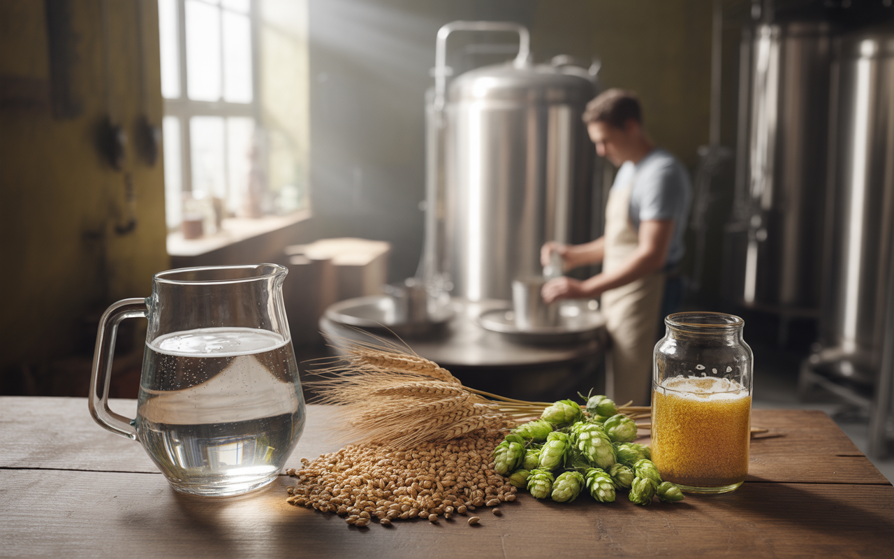 Un pichet d'eau, du grain, du houblon et de la bière, avec un brasseur en arrière-plan, dans une brasserie artisanale.